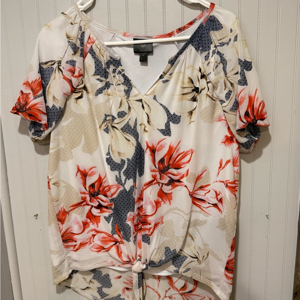 JM‎ Collection Red and Navy Tie Front Blouse